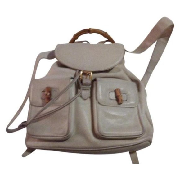 Gucci And Bamboo Handle White Leather Backpack - Picture 1 of 12